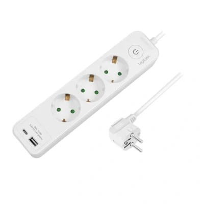 Afbeelding van LogiLink LPS279U stekkerdoos 3 voudig + schakelaar, x geaarde contactdozen (CEE 7/3) in 45 indeling, 1x USB A, C, 1,5 m