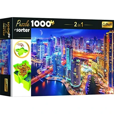 Afbeelding van Trefl 10660 Set 2in1 Puzzel + Sorteerder, 1000 stukjes Dubai by night, 6 Trays Jigsaw Spelen, Sorteren, Bewegen en Opbergen, Creatief Vermaak