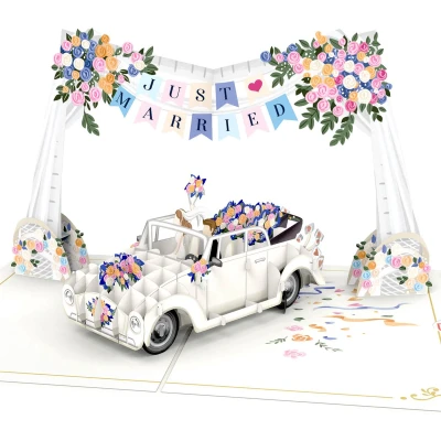 Afbeelding van papercrush® Pop up kaart bruiloftsauto en Just Married slinger, elegante 3D bruiloftskaart voor bruidspaar, wenskaart bruiloft, cadeaubon huwelijksreis geldcadeau