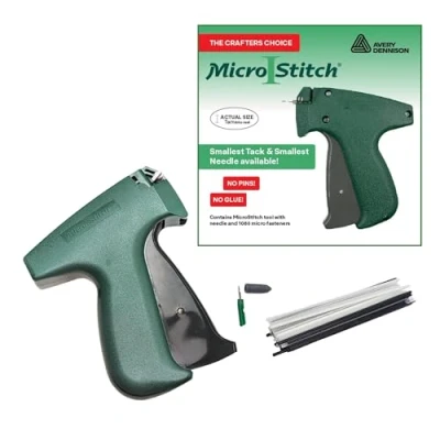 Afbeelding van MicroStitch labelpistoolkit accessoire voor quilten, verstellen, hijabs, plooien, zomen, naden, prijzen, mode, doe het zelf 1 naald, 540 zwarte en witte sluitingen.