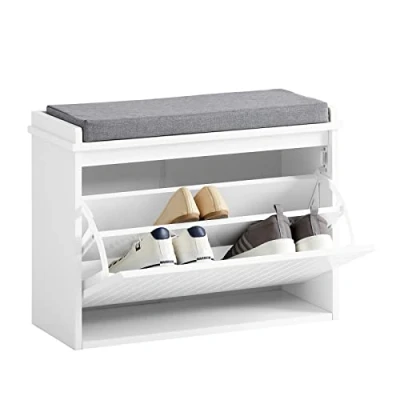 Afbeelding van SoBuy Schoenenbank Schoenenrek met Gewatteerde Kussenzitting en Drop Leaf Schoenopslagbank 60x26x46cm Wit, FSR98 W