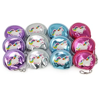 Afbeelding van 12x mini portemonnee met eenhoorn sticker, in roze, paars, blauw en zilver, 6.5 x 6 cm (12 stuks eenhoorn)