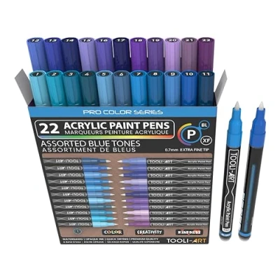 Afbeelding van Acrylverfpennen 22 Pro Color Series Markers Set 0,7 mm Extra fijne punt voor rotskunst, glas, mokken, hout, metaal, canvas, schetsen, detaillering. Niet giftig, sneldrogend. (BLAUW)