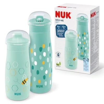 Afbeelding van NUK Mini Me Kinderbekerset, sip &amp; flip beker, 9 12+ maanden, 300 ml en 500 ml, drinkflessen voor kinderen, lekvrije schenktuit rietje, onbreekbaar, Mint Dots Bee