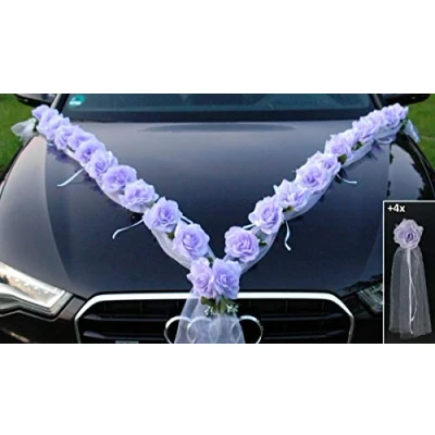 Afbeelding van ROZEN GARLANDE auto sieraden bruidspaar roos decoratie autoversiering bruiloft (paars/wit)