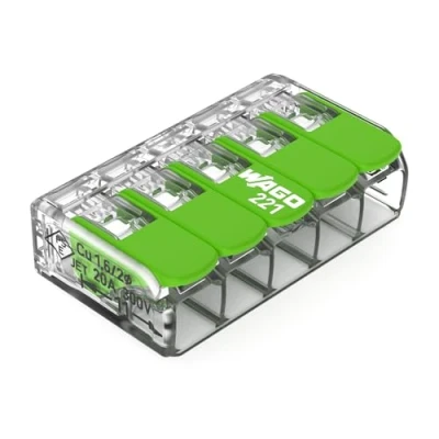 Afbeelding van WAGO Green Range klem 5 draads I tot 4 mm² verbindingsklem geleiders met hendels voor alle soorten ladders te steken 221 423 8 stuks