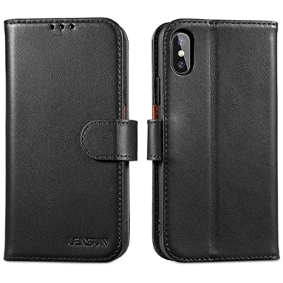 Afbeelding van Lensun Beschermhoesje voor iPhone XS, X, echt leer, RFID blokkering, stootvast, boek met portemonnee, magneetsluiting, flipcase, leren hoes 10, zwart