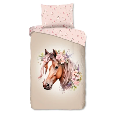 Afbeelding van Cheqo® Dekbedovertrek voor Kinderen 140x200 cm Paarden en Bloemen Print Zand 1 Persoons 100% Katoen