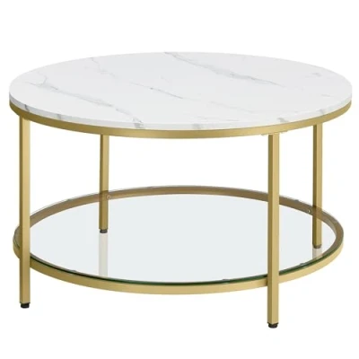 Afbeelding van Vasagle LCT071W59 Salontafel, woonkamertafel, voor woonkamer, met glazen blad, veel opbergruimte, eenvoudige montage, moderne stijl, marmeren wit licht goud