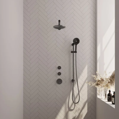 Afbeelding van Brauer Gunmetal Edition Regendoucheset inbouw hoofddouche 20cm 3 gladde knoppen rechte wandarm glijstang handdouche rond standen PVD