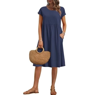 Afbeelding van AUSELILY Zomerjurk met korte mouwen voor dames, knielang, ronde hals, losse jurk zakken, Donkerblauw, L