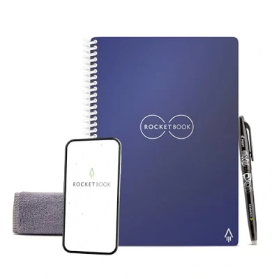 Afbeelding van Rocketbook Core Herbruikbaar digitaal notitieboekje, herbruikbaar, A5, blauw, puntraster, inclusief Pilot Frixion pen en microvezeldoek
