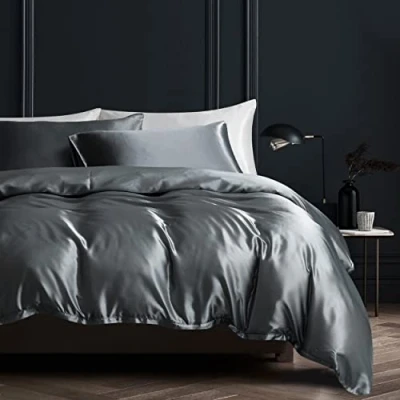 Afbeelding van Damier 3 delige set satijnen beddengoed, donkergrijs, antraciet, glanzend, hoogwaardig glanzend satijn, dekbedovertrek 220 x 240 cm met ritssluiting en 2 kussenslopen van 80