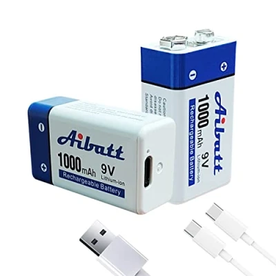 Afbeelding van Aibatt Accu 9 V 1000 mAh, met oplaadconnector type C, Li Ion 6F22, oplaadbare batterij voor microfoon, rookmelder, elektronisch speelgoed, walkietalkie, batterijen uit één stuk (2 stuks)