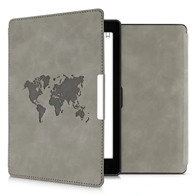 Afbeelding van kwmobile e reader hoesje compatibel met Kobo Aura ONE Kunstleren ereader cover stand Wereldkaart in grijs