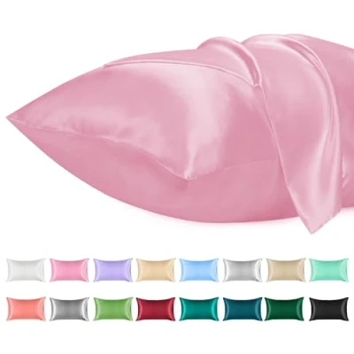 Afbeelding van Lirex 2 Pack Satijnen Kussenslopen, Standaard Formaat Zacht Effen Kleur Microfiber Kussensloop, Envelop Sluiting Kreukvrij Vervagingsbestendig Ademend (40x80 cm, Sakura Roze)