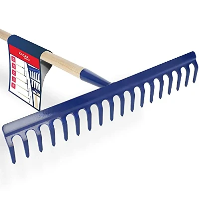 Afbeelding van KADAX hark, brede hark met versterkte kop, metalen bladhark, bladhark lange steel van hout, tuingereedschap voor wieden, bemesten, tuinhark gazon, bloemperken (18 tanden)