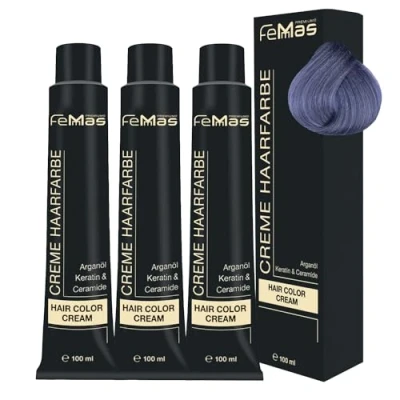 Afbeelding van FemMas haarkleur metallic blauw I professionele crème met glans voor een moderne look voedende arganolie, keratine &amp; ceramide permanente haarkleuring of kleuring, 3 x 100 ml