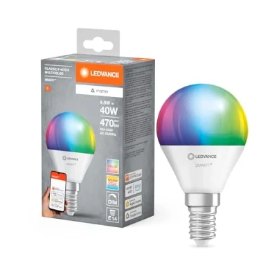 Afbeelding van LEDVANCE SMART+ MATTER LED lamp, compatibel met Google, Alexa, Apple, witte matte look, 4,9W, 470lm, E14 fitting, gekleurd licht, wit app of stembediening, levensduur tot 20.000 uur
