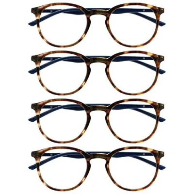 Afbeelding van Opulize Met 4 Stuks Bruine Schildpad Marineblauw Leesbril Groot Ronde Mannen Vrouwen Scharnieren Veer RRRR60 2 +3,50