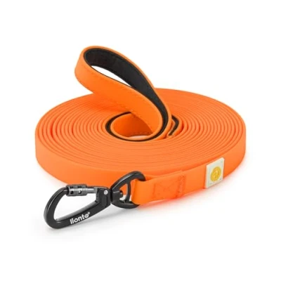 Afbeelding van lionto Weerbestendige sleeplijn met 360 veiligheidskarabijn, 10 m, tas en gevoerde polsband, robuuste hondenriem van nylonweefsel PVC coating voor hondentraining, oranje
