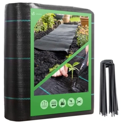 Afbeelding van vounot Mulchvlies met 50 stuks haringen tegen boze grassen, 2 m x 25 m, van polypropyleenvezels, geweven, uv bescherming, 100 g/m², scheurvast, bevestigingspalen inbegrepen