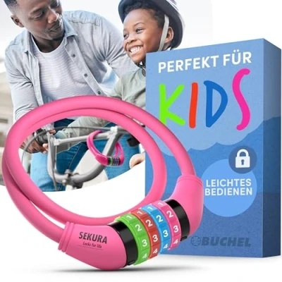Afbeelding van Büchel Fietsslot voor kinderen, kleurrijk en zonder sleutel, cijferslot, fiets, fietsaccessoires kinderfietsslot, roze