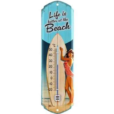 Afbeelding van LANOLU Retro thermometer metalen bord Life is better at the Beach, surf en strand decoratie tuin, zwembaddecoratie camping geschenken, analoge 8x28cm