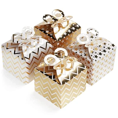 Afbeelding van Belle Vous Wit &amp; Gouden Feest Geschenk Doosjes met Strikken (36 Pak) 9,5 x 8 cm Zig Zag Ster Loot Goodie Gable Bags Kinderverjaardagen, Voedsel, Babyshower Huwelijken