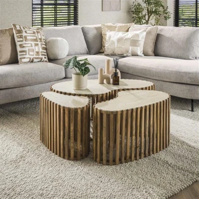 Afbeelding van Hoyz Collection Salontafel Set 3 Niervorm Nuovo Travertin Massief Mango Zandkleur