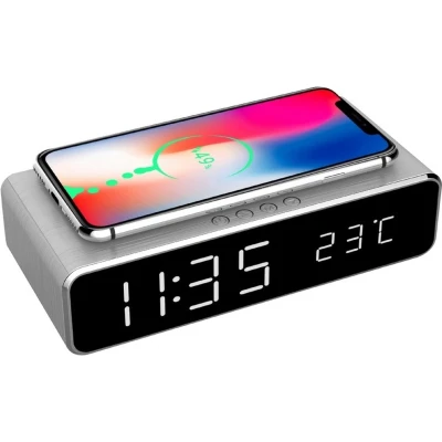 Afbeelding van Digitale wekker Gembird (Draadloze Qi oplader, LCD display, Zilver)