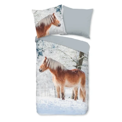 Afbeelding van Kinderdekbedovertrek 135x200 cm Haflinger Paard in de Sneeuw Print Multi 1 Persoons 100% Katoen Flanel