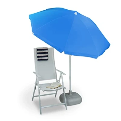 Afbeelding van Relaxdays parasol, Ø 180 cm, in de hoogte verstelbaar, kantelbaar, polyester, staal, voor balkon, strand, blauw