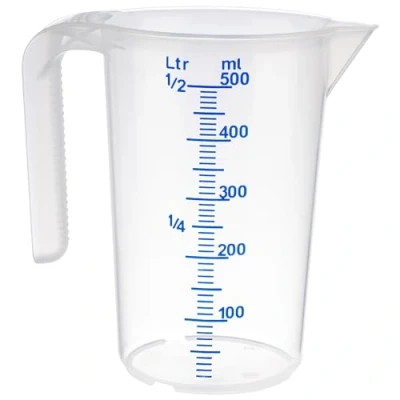 Afbeelding van APS Maatbeker 0,5 liter, Ø 9 x H: 14 cm, kunststof beker met reliëf maatschaal buiten, open handvat, l/ml indeling, vaatwasmachinebestendig