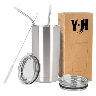 Afbeelding van Y·J&amp;H 20oz (550ml) Travel Tumbler Dubbelwandige vacuüm geïsoleerde koffiemok roestvrij stalen koffiekop met 2 spatwaterdicht deksel, rietjes en gratis reinigingsborstel, BPA vrij Zilver