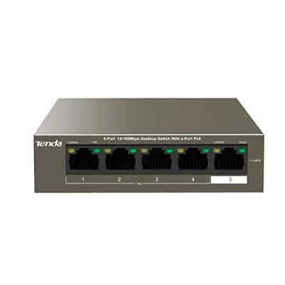 Afbeelding van Tenda TEF1105P 4 63W 5 poorts snel ethernet PoE switch 10/100 Mbit/s desktopswitch met PoE, 63 watt, extra 1x uplink, full duplex, metalen behuizing, 250 meter, plug &amp; play