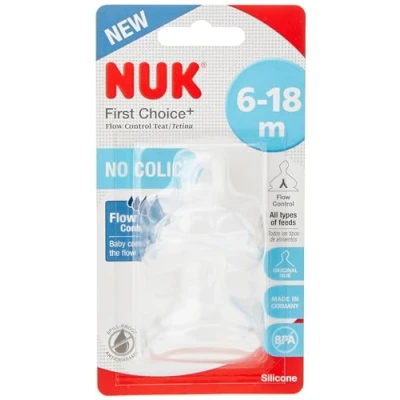 Afbeelding van NUK First Choice+ zuignap voor babyflessen, 6 18 maanden, doorstroomcontrole, anti koliekontluchting, BPA vrij, 2 stuks