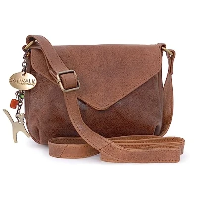 Afbeelding van Catwalk Collection Handbags Kleine Leren Crossbody Tas voor Dames Schoudertas Verstelbare Schouderriem ERIN Bruin