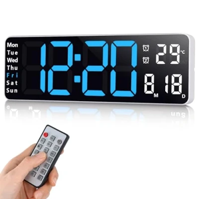 Afbeelding van Fuloon digitale wandklok, USB wandklok met 13 inch groot display, led klok afstandsbediening, timing en countdown, wekker datum, week, temperatuur (blauw, 33 cm)