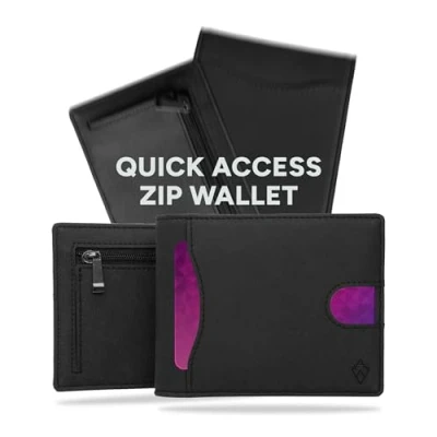 Afbeelding van AKIELO RFID Blokkerende Bifold Kaart Portemonnee met Ritssluiting Muntzakje en Geschenkdoos Stijlvolle Heren Creditcardhouder Portemonnees voor (DELTA Zwarte Rits Editie)