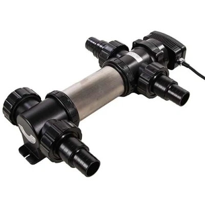 Afbeelding van AquaForte SUV 724 RVS UV C, PL 24W, lengte 458 mm, Max. vijvergrootte 40 m3, aanbevolen doorstroming 5 m3 tüh, druk 1,0 bar, inclusief 4 slangnippel 38/50 x 2 A.G. aansluitingen