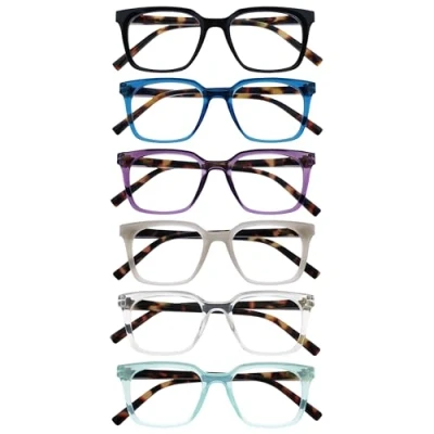 Afbeelding van OPULIZE KOI Leesbrillen 6 Pack Groot Rechthoekig Montuur Zwart Blauw Paars Grijs Helder Aqua Heren, Dames Veerscharnieren RRRRRR50 1357CQ +3.00