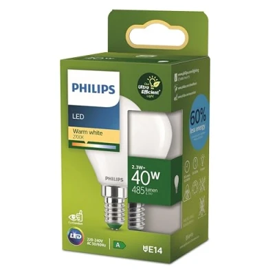 Afbeelding van Philips Ultra Efficient LED Kogellamp Mat 40W E14 fitting Dimbaar warmwit licht Energielabel A