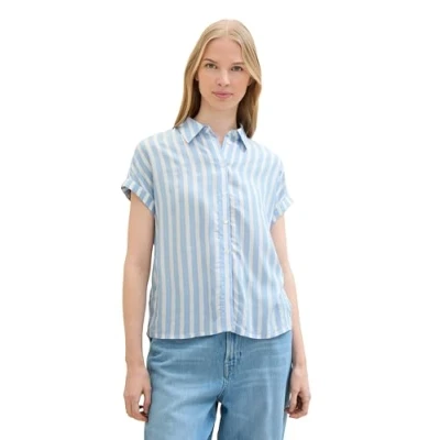 Afbeelding van TOM Tailor Overhemdblouse, Dames, Maat: 36, Offwhite blue vertical stripe