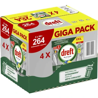 Afbeelding van Dreft Platinum All In One Vaatwasmiddel Citroen Voordeelverpakking 4 x 66 Vaatwastabletten