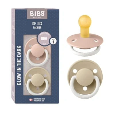 Afbeelding van BIBS De Lux Speen verpakking van 2 stuks. BPA vrij, Ronde speen. Natuurlijk rubberlatex, Maat 1 (0 6 maanden), Blush NIGHT/Vanilla NIGHT