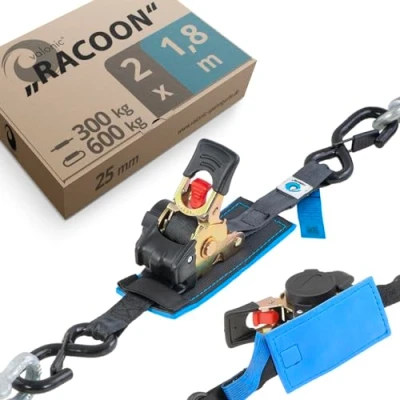 Afbeelding van valonic RACOON automatische spanriem met haak, 1,8m ratel gewatteerd EN 12195 2 300 Kg zwart spanband spanbanden voor motorfiets stuks 25mm