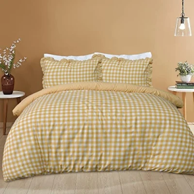 Afbeelding van Sleepdown Gingham geruit mosterd effen omgekeerd zacht, onderhoudsvriendelijk dekbedovertrek set met kussenslopen tweepersoons (200 cm x 200 cm)