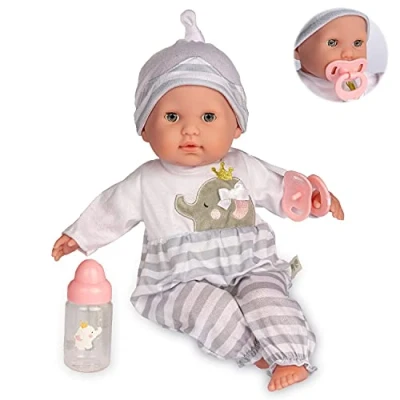 Afbeelding van JC TOYS Berenguer Boutique pop met zacht lichaam, 38 cm, ogen openen en sluiten, inclusief kleding accessoires, grijs, ontworpen door Berenguer, 2 jaar