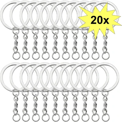 Afbeelding van Fako Bijoux® Sleutelringen Met Ketting Sleutelhanger Ringen Splitringen RVS Plat 30 mm 20 Stuks